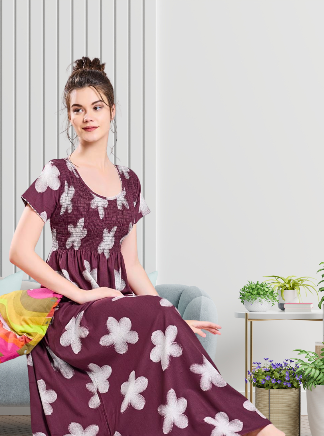 ALPINE Smocking Nighty | Beautiful Pleated Design | Side Pocket | Stylish Nighty for Trendy Women's | Your Perfect Nightwear Collection's (SAP)