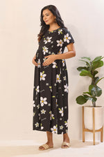 Black Rayon Nursing Maxi Dress – White Daisy Print Pregnancy Wear with Adjustable Back Tie Rope - Maternity Frock with Dual Feeding Zippers (RMF)