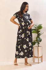 Black Rayon Nursing Maxi Dress – White Daisy Print Pregnancy Wear with Adjustable Back Tie Rope - Maternity Frock with Dual Feeding Zippers (RMF)