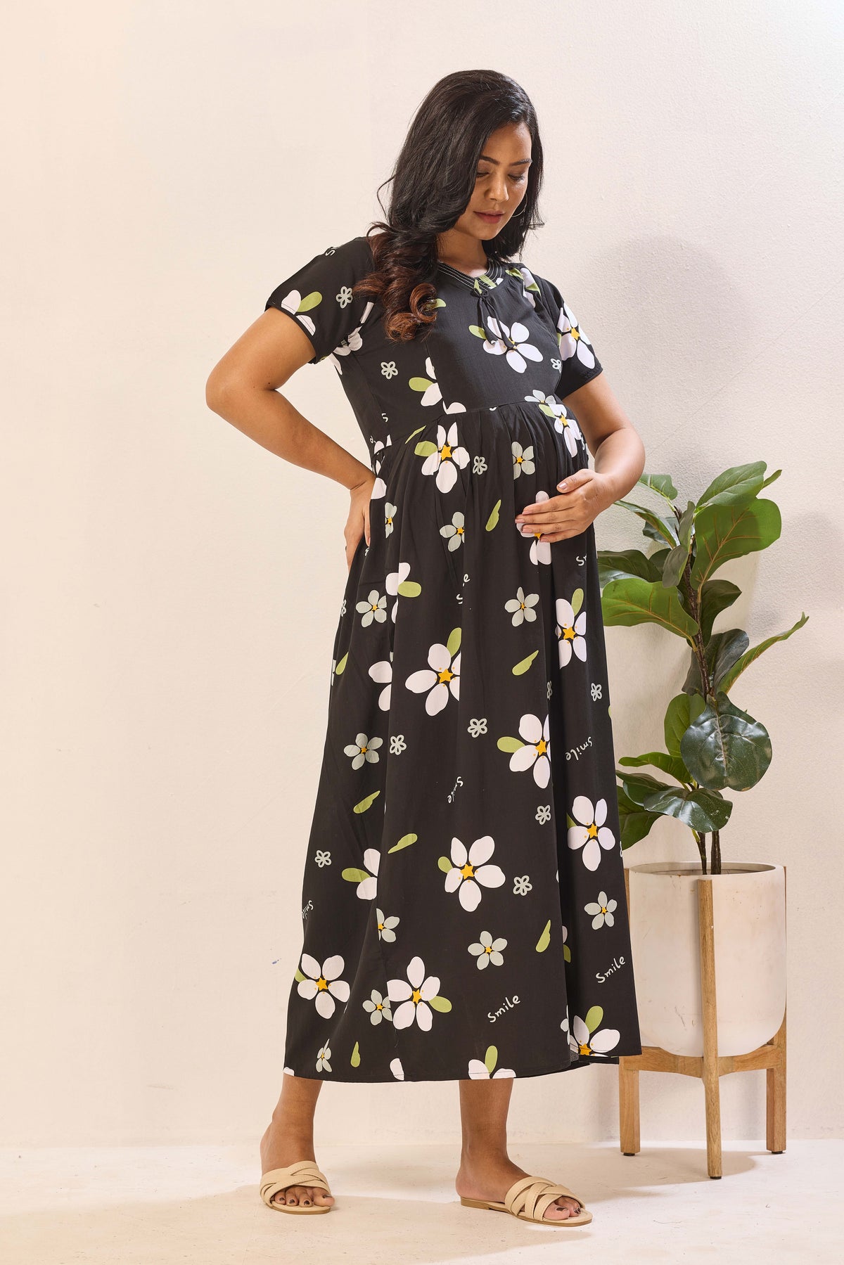 Black Rayon Nursing Maxi Dress – White Daisy Print Pregnancy Wear with Adjustable Back Tie Rope - Maternity Frock with Dual Feeding Zippers (RMF)