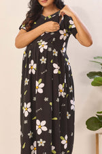 Black Rayon Nursing Maxi Dress – White Daisy Print Pregnancy Wear with Adjustable Back Tie Rope - Maternity Frock with Dual Feeding Zippers (RMF)