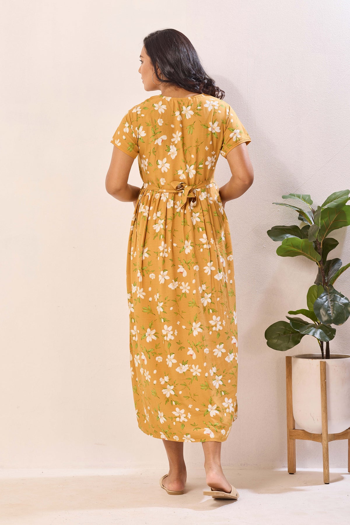 Mustard Yellow Nursing Maxi Dress – White Floral Rayon Pregnancy Wear with Adjustable Back Tie - Rayon Floral Maternity Frock with Dual Feeding Zippers (RMF)