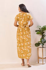 Mustard Yellow Nursing Maxi Dress – White Floral Rayon Pregnancy Wear with Adjustable Back Tie - Rayon Floral Maternity Frock with Dual Feeding Zippers (RMF)