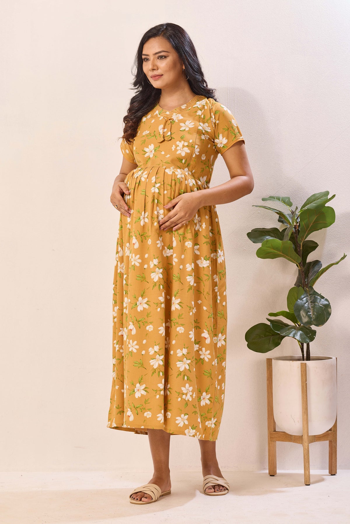 Mustard Yellow Nursing Maxi Dress – White Floral Rayon Pregnancy Wear with Adjustable Back Tie - Rayon Floral Maternity Frock with Dual Feeding Zippers (RMF)