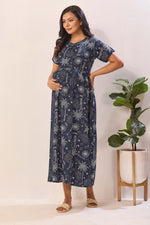 Navy Blue Rayon Nursing Maxi Dress – White Palm Print Pregnancy Wear with Adjustable Back Tie -Rayon Tropical Maternity Frock with Dual Feeding Zippers (RMF)