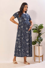Navy Blue Rayon Nursing Maxi Dress – White Palm Print Pregnancy Wear with Adjustable Back Tie -Rayon Tropical Maternity Frock with Dual Feeding Zippers (RMF)