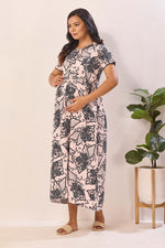 Navy Blue Rayon Nursing Maxi Dress – White Palm Print Pregnancy Wear with Adjustable Back Tie -Rayon Tropical Maternity Frock with Dual Feeding Zippers (RMF)