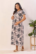 Navy Blue Rayon Nursing Maxi Dress – White Palm Print Pregnancy Wear with Adjustable Back Tie -Rayon Tropical Maternity Frock with Dual Feeding Zippers (RMF)