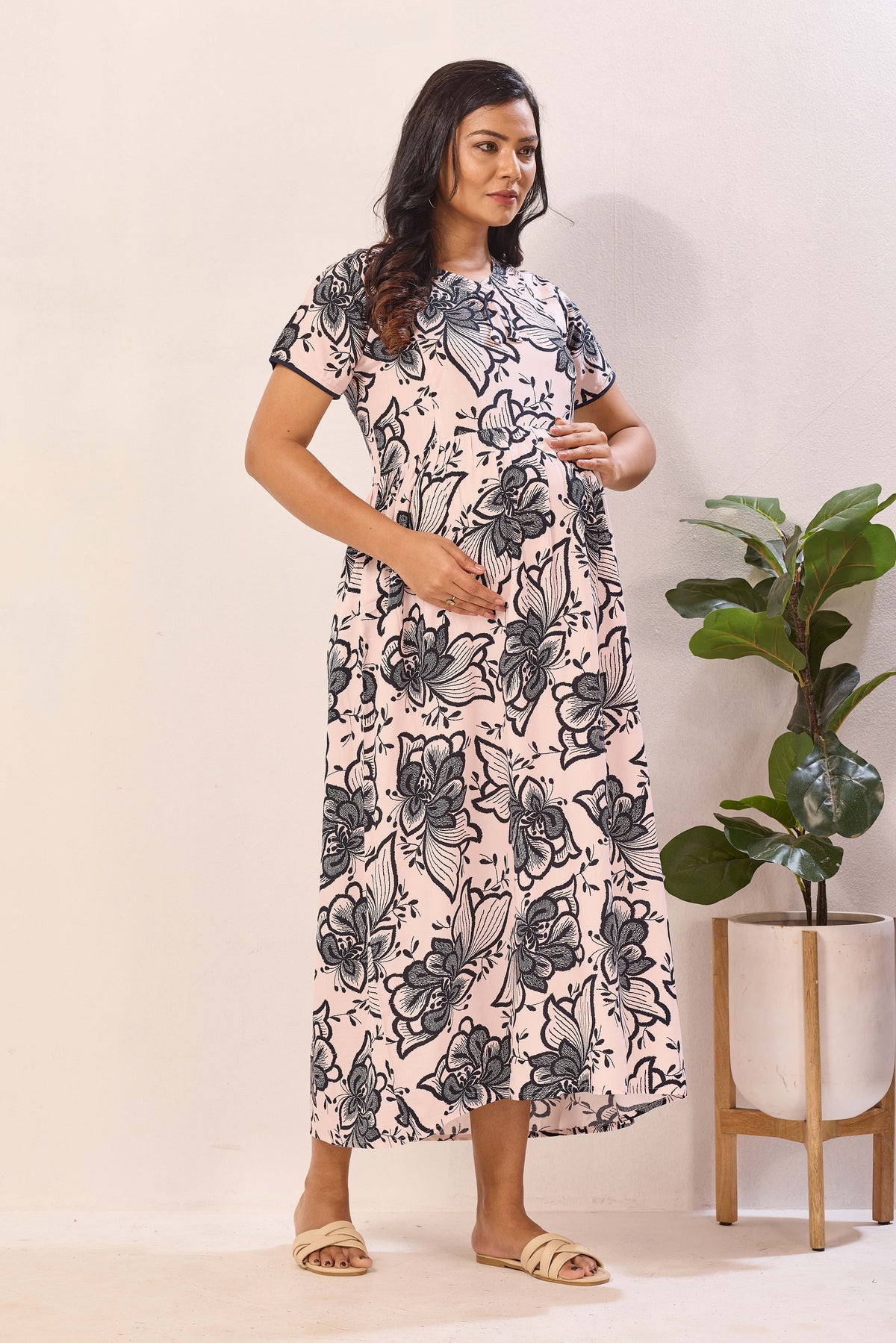 Navy Blue Rayon Nursing Maxi Dress – White Palm Print Pregnancy Wear with Adjustable Back Tie -Rayon Tropical Maternity Frock with Dual Feeding Zippers (RMF)