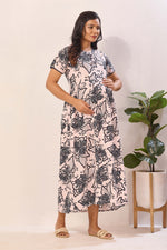 Navy Blue Rayon Nursing Maxi Dress – White Palm Print Pregnancy Wear with Adjustable Back Tie -Rayon Tropical Maternity Frock with Dual Feeding Zippers (RMF)