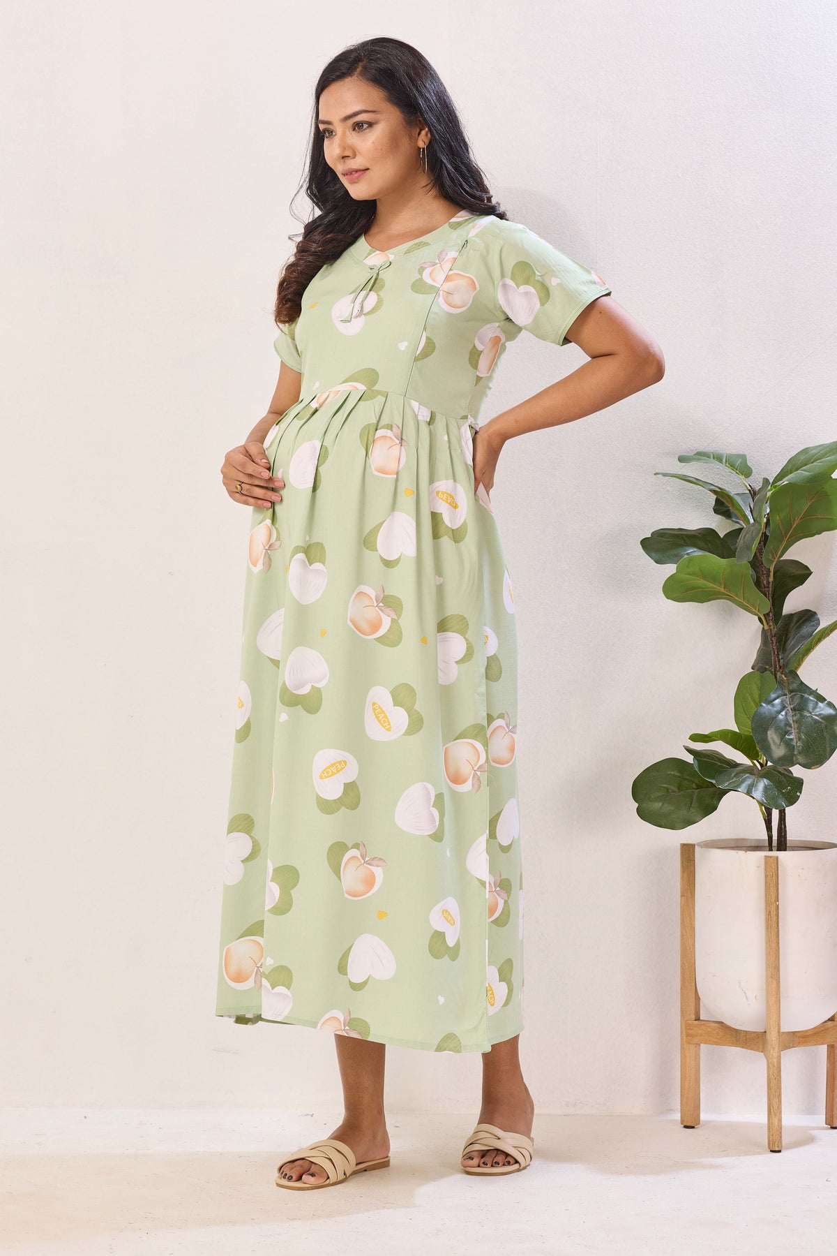 Mint Green & Peach Premium Rayon Maternity Frock with Dual Feeding Zippers - Nursing Maxi Dress – Mint Peach Heart Print Pregnancy Wear with Adjustable Back Tie (RMF)