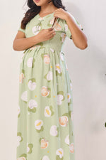 Mint Green & Peach Premium Rayon Maternity Frock with Dual Feeding Zippers - Nursing Maxi Dress – Mint Peach Heart Print Pregnancy Wear with Adjustable Back Tie (RMF)