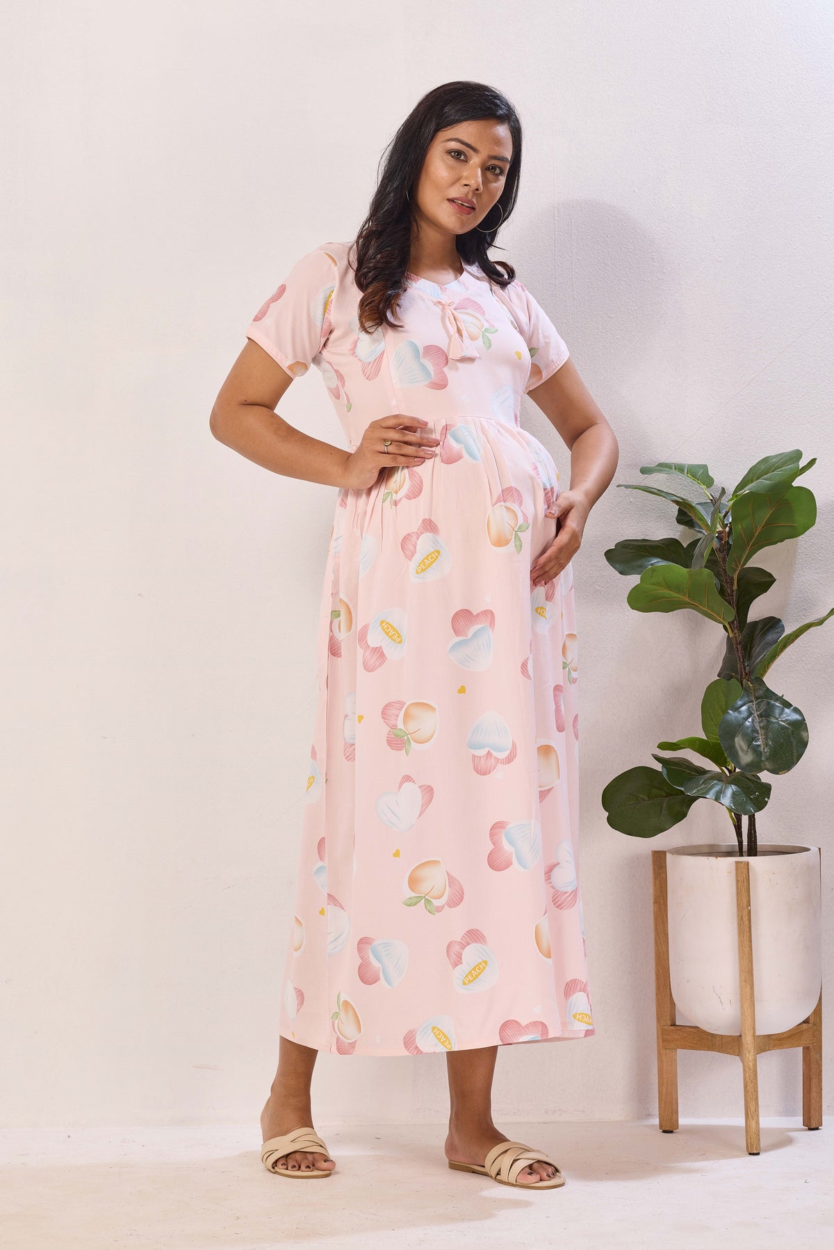 Mint Green & Peach Premium Rayon Maternity Frock with Dual Feeding Zippers - Nursing Maxi Dress – Mint Peach Heart Print Pregnancy Wear with Adjustable Back Tie (RMF)