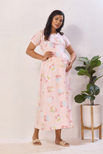 Mint Green & Peach Premium Rayon Maternity Frock with Dual Feeding Zippers - Nursing Maxi Dress – Mint Peach Heart Print Pregnancy Wear with Adjustable Back Tie (RMF)