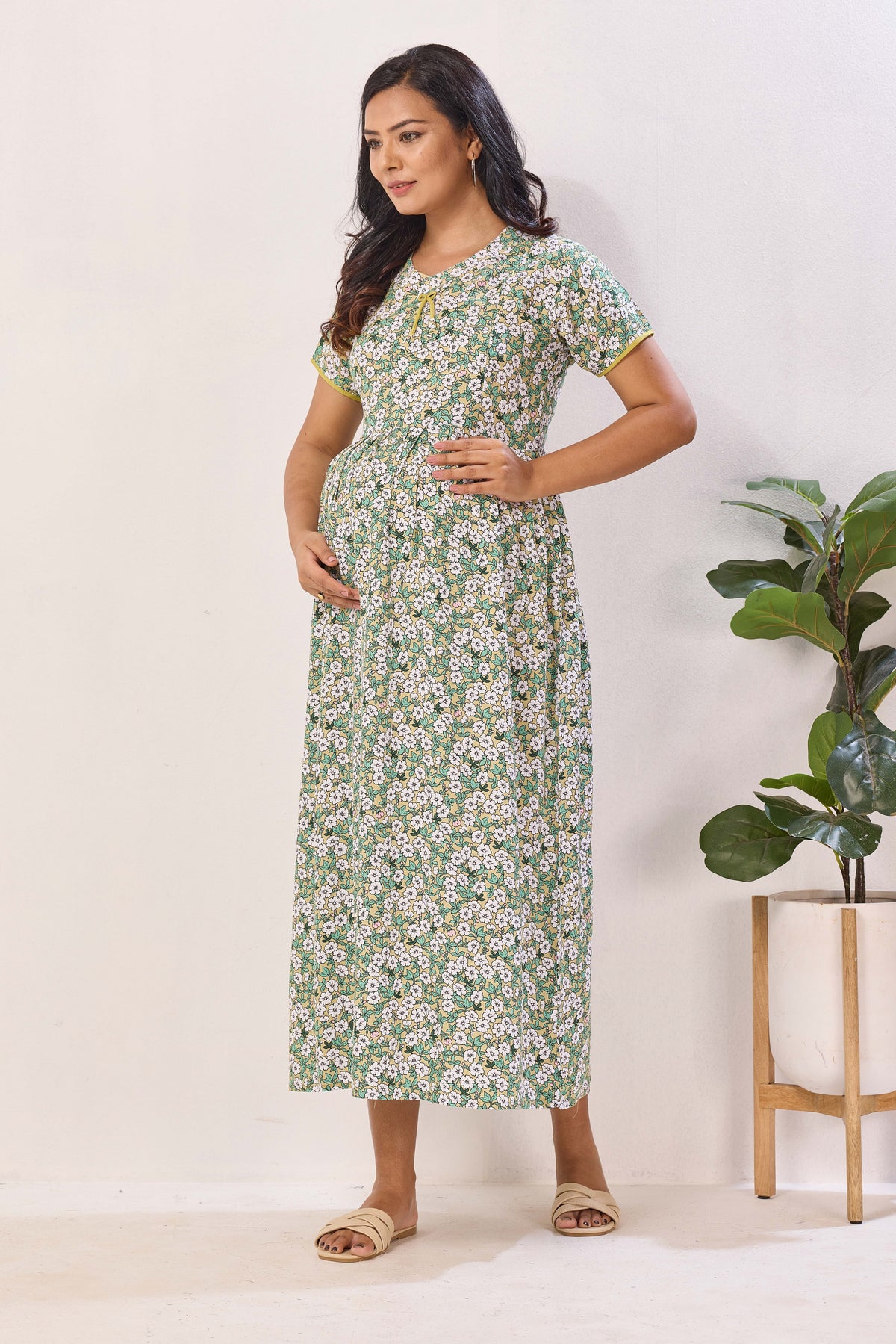 Mustard Yellow Nursing Maxi Dress – White Floral Rayon Pregnancy Wear with Adjustable Back Tie - Maternity Frock with Dual Feeding Zippers (RMF)