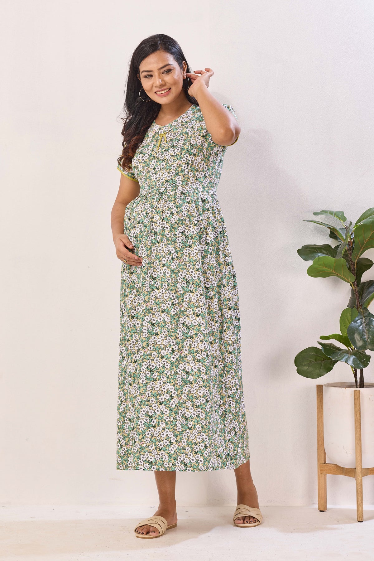 Mustard Yellow Nursing Maxi Dress – White Floral Rayon Pregnancy Wear with Adjustable Back Tie - Maternity Frock with Dual Feeding Zippers (RMF)