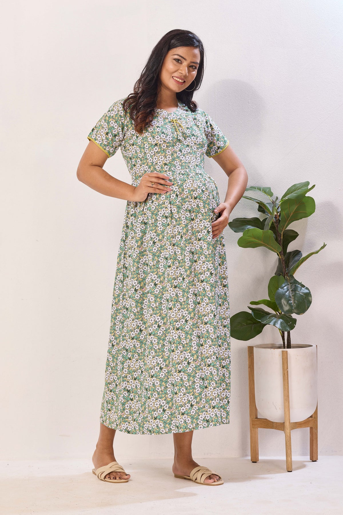 Mustard Yellow Nursing Maxi Dress – White Floral Rayon Pregnancy Wear with Adjustable Back Tie - Maternity Frock with Dual Feeding Zippers (RMF)