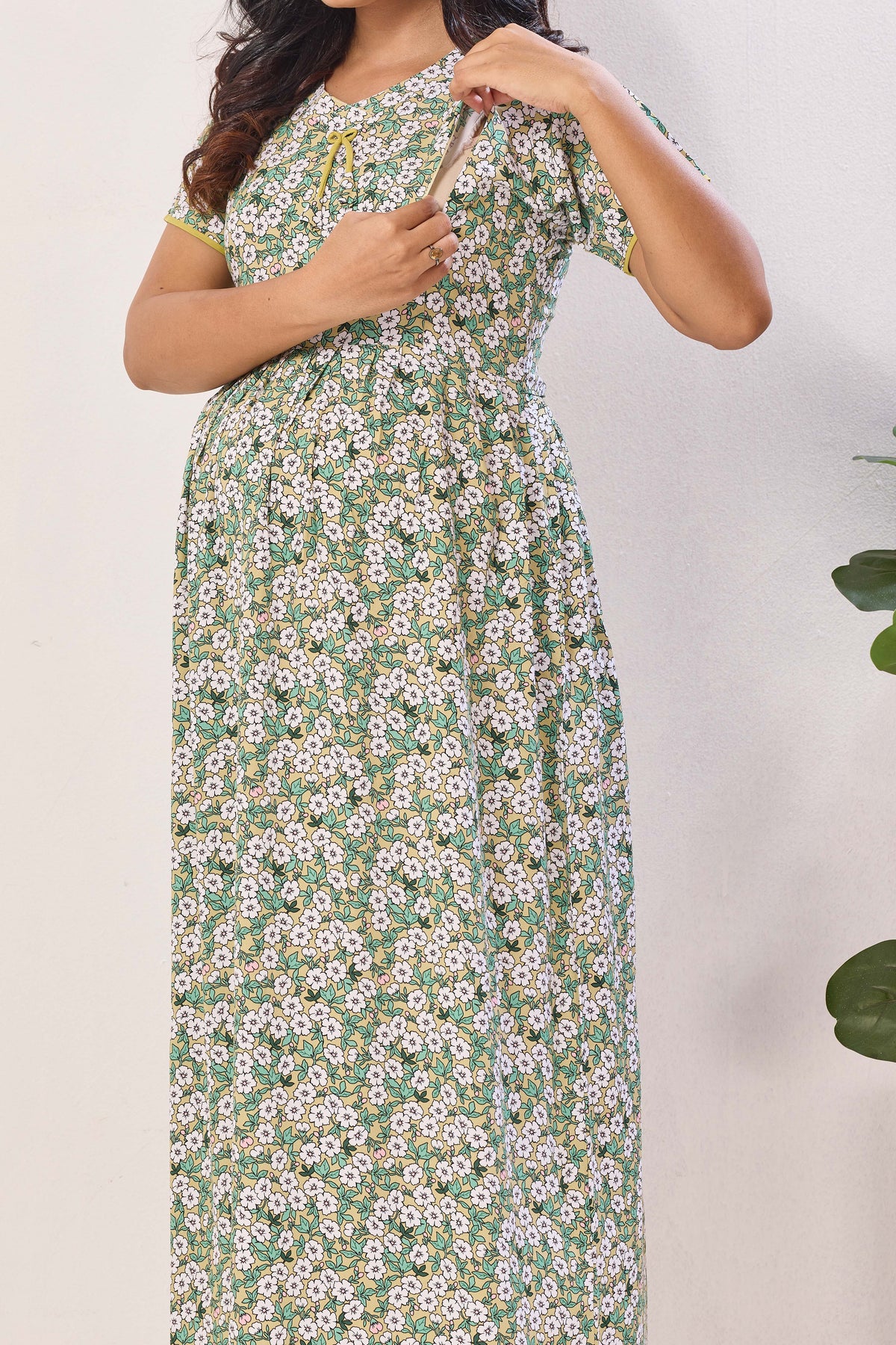 Mustard Yellow Nursing Maxi Dress – White Floral Rayon Pregnancy Wear with Adjustable Back Tie - Maternity Frock with Dual Feeding Zippers (RMF)