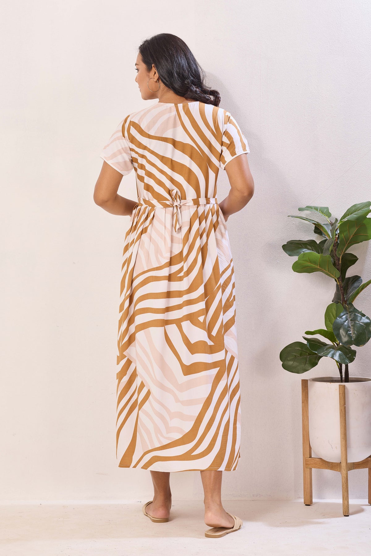 Orange & White Zebra Print Nursing Maxi Dress – Rayon Pregnancy Wear with Adjustable Back Tie - Geometric Maternity Frock with Dual Feeding Zippers (RMF)