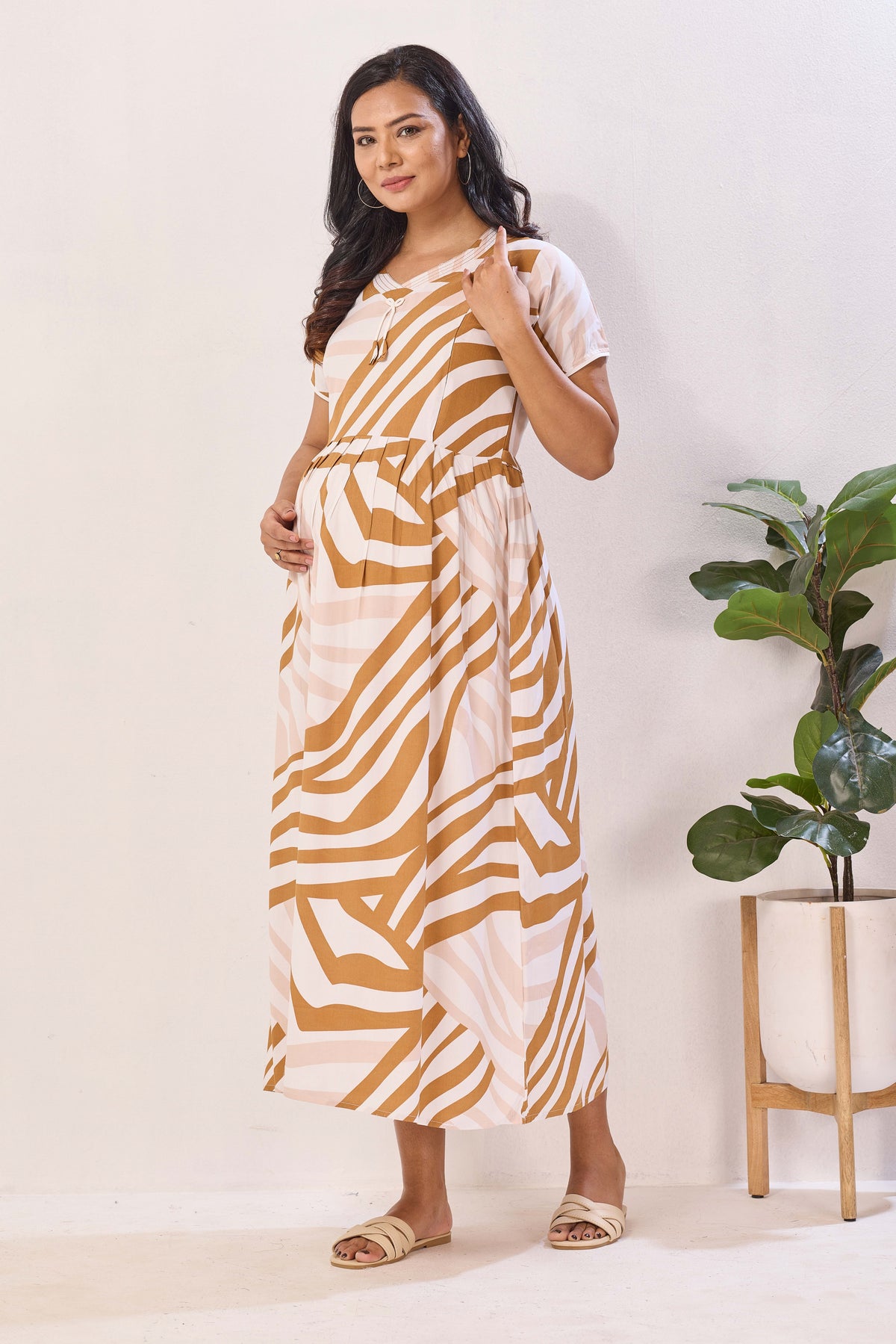 Orange & White Zebra Print Nursing Maxi Dress – Rayon Pregnancy Wear with Adjustable Back Tie - Geometric Maternity Frock with Dual Feeding Zippers (RMF)