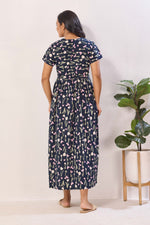 Navy Blue Rayon Nursing Maxi Dress – Pink Botanical Print Pregnancy Wear with Adjustable Back Tie - Premium Rayon Floral Maternity Frock with Dual Feeding Zippers (RMF)