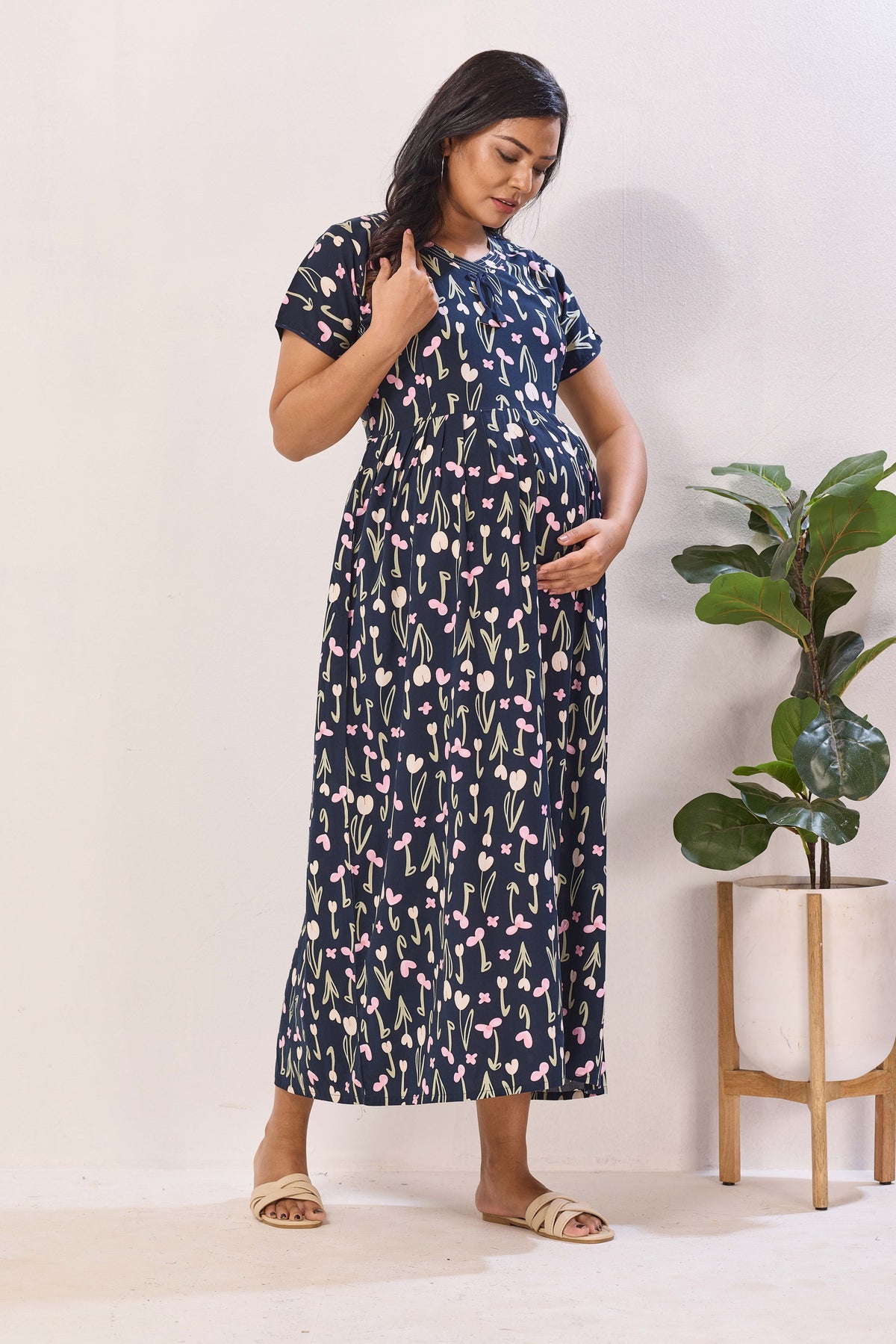 Navy Blue Rayon Nursing Maxi Dress – Pink Botanical Print Pregnancy Wear with Adjustable Back Tie - Premium Rayon Floral Maternity Frock with Dual Feeding Zippers (RMF)