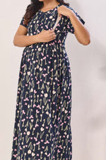 Navy Blue Rayon Nursing Maxi Dress – Pink Botanical Print Pregnancy Wear with Adjustable Back Tie - Premium Rayon Floral Maternity Frock with Dual Feeding Zippers (RMF)