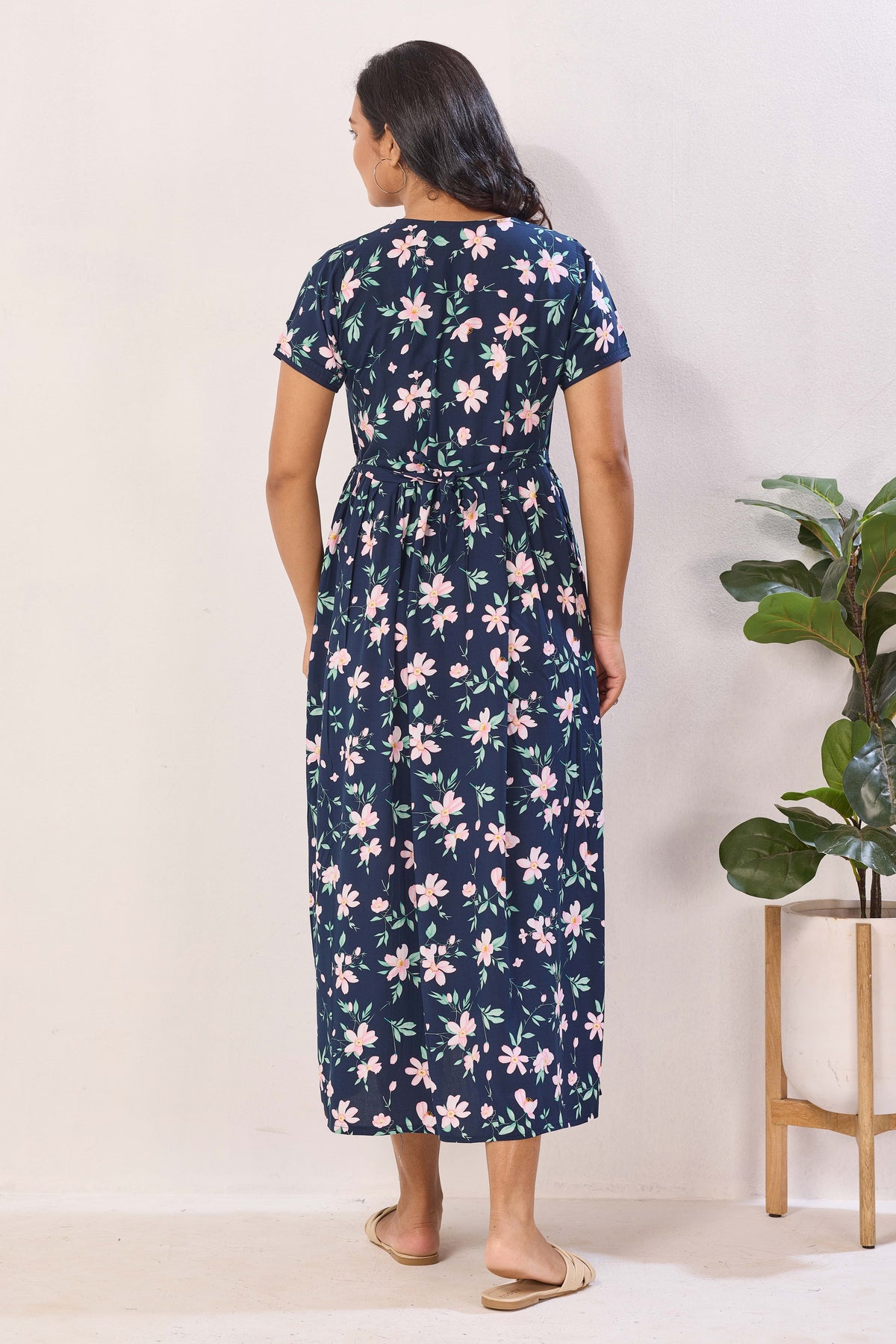 Mustard Yellow Nursing Maxi Dress – White Floral Rayon Pregnancy Wear with Adjustable Back Tie - Rayon Floral Maternity Frock with Dual Feeding Zippers (RMF)