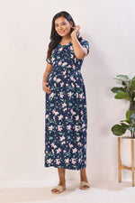 Mustard Yellow Nursing Maxi Dress – White Floral Rayon Pregnancy Wear with Adjustable Back Tie - Rayon Floral Maternity Frock with Dual Feeding Zippers (RMF)