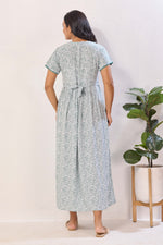 Azure Blue Floral Premium Rayon Maternity Frock with Dual Feeding Zippers - Soft Rayon Nursing Maxi Dress – Blue & White Botanical Print Pregnancy Wear with Adjustable Back Tie (RMF)