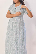 Azure Blue Floral Premium Rayon Maternity Frock with Dual Feeding Zippers - Soft Rayon Nursing Maxi Dress – Blue & White Botanical Print Pregnancy Wear with Adjustable Back Tie (RMF)