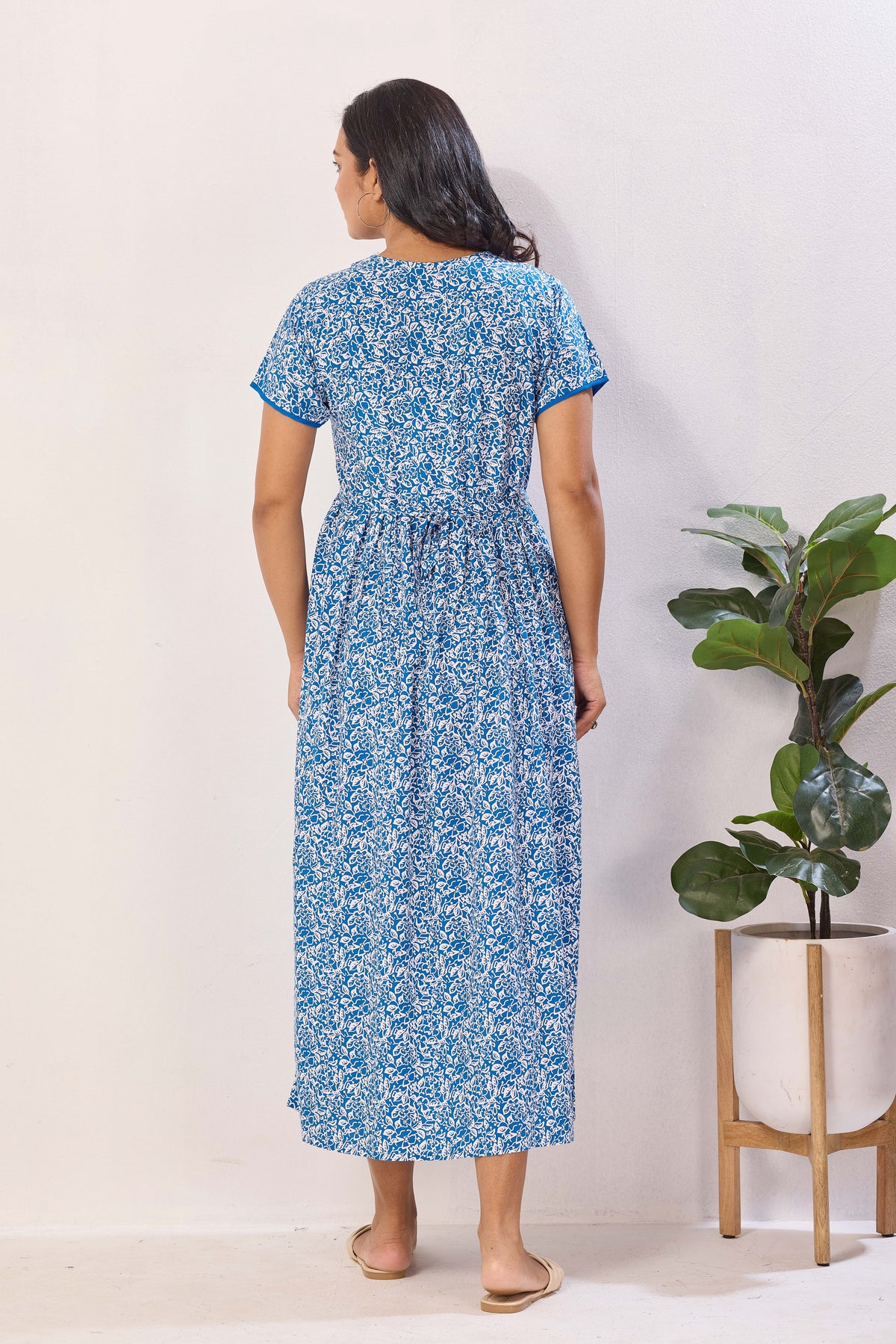 Azure Blue Floral Premium Rayon Maternity Frock with Dual Feeding Zippers - Soft Rayon Nursing Maxi Dress – Blue & White Botanical Print Pregnancy Wear with Adjustable Back Tie (RMF)