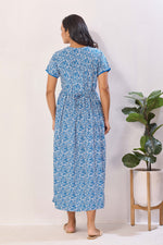 Azure Blue Floral Premium Rayon Maternity Frock with Dual Feeding Zippers - Soft Rayon Nursing Maxi Dress – Blue & White Botanical Print Pregnancy Wear with Adjustable Back Tie (RMF)