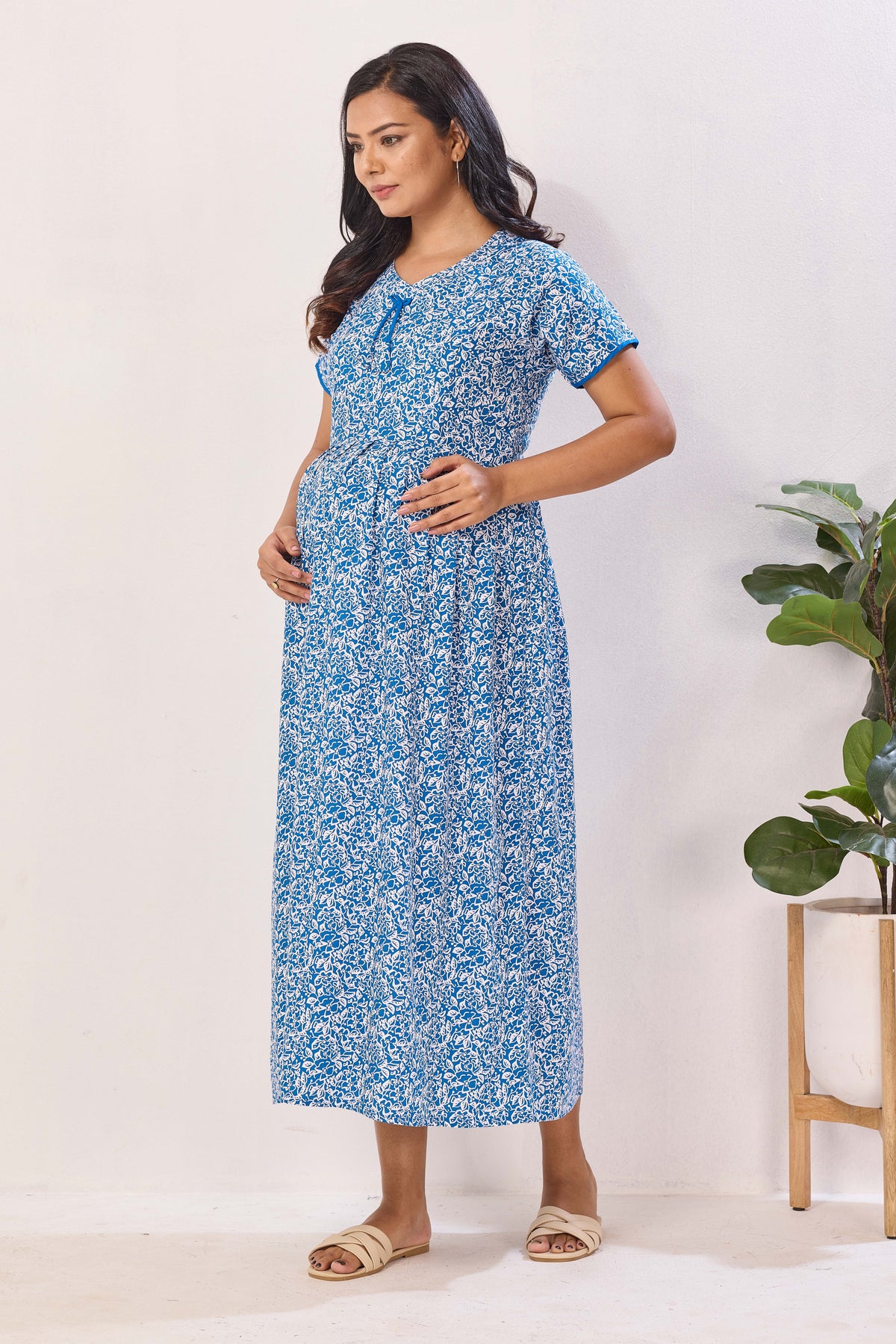 Azure Blue Floral Premium Rayon Maternity Frock with Dual Feeding Zippers - Soft Rayon Nursing Maxi Dress – Blue & White Botanical Print Pregnancy Wear with Adjustable Back Tie (RMF)