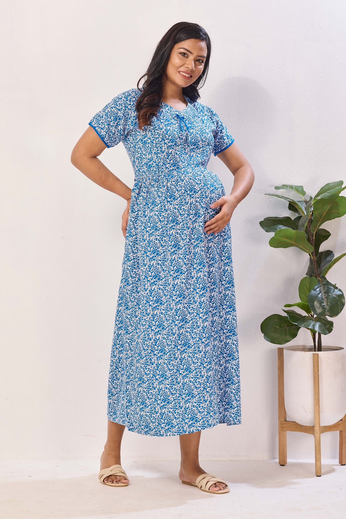 Azure Blue Floral Premium Rayon Maternity Frock with Dual Feeding Zippers - Soft Rayon Nursing Maxi Dress – Blue & White Botanical Print Pregnancy Wear with Adjustable Back Tie (RMF)