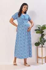 Azure Blue Floral Premium Rayon Maternity Frock with Dual Feeding Zippers - Soft Rayon Nursing Maxi Dress – Blue & White Botanical Print Pregnancy Wear with Adjustable Back Tie (RMF)