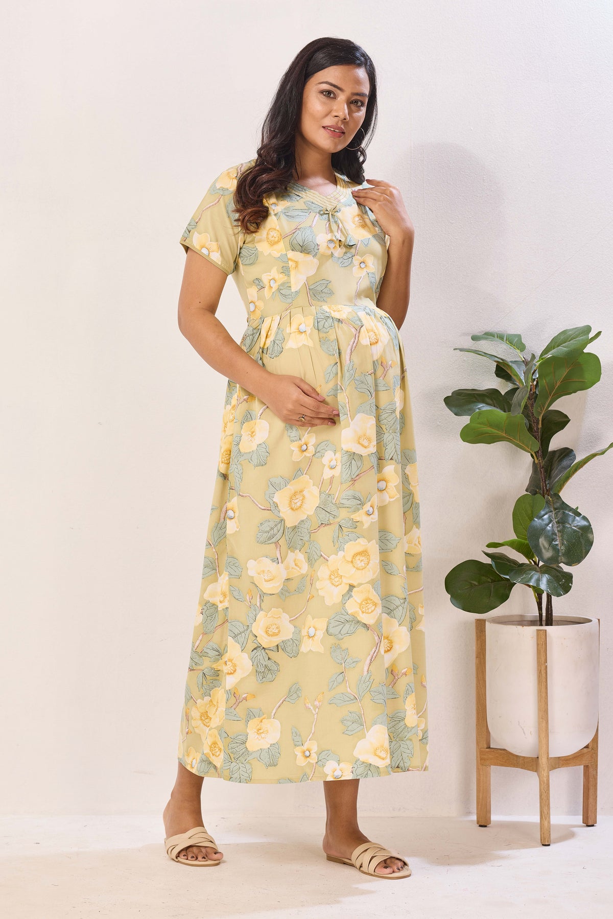 Soft Rayon Abstract Floral Feeding Frock – Sage Green Maternity Wear with Invisible Zipper - Maternity & Nursing Maxi Frock with Side Pockets (RMF)