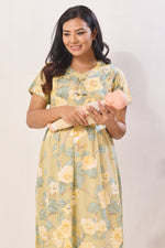 Soft Rayon Abstract Floral Feeding Frock – Sage Green Maternity Wear with Invisible Zipper - Maternity & Nursing Maxi Frock with Side Pockets (RMF)