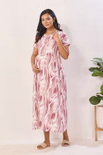 Rose Marble Premium Rayon Maternity Frock with Dual Feeding Zippers - Rayon Nursing Maxi Dress – Pink Abstract Swirl Pregnancy Wear with Adjustable Back Tie (RMF)