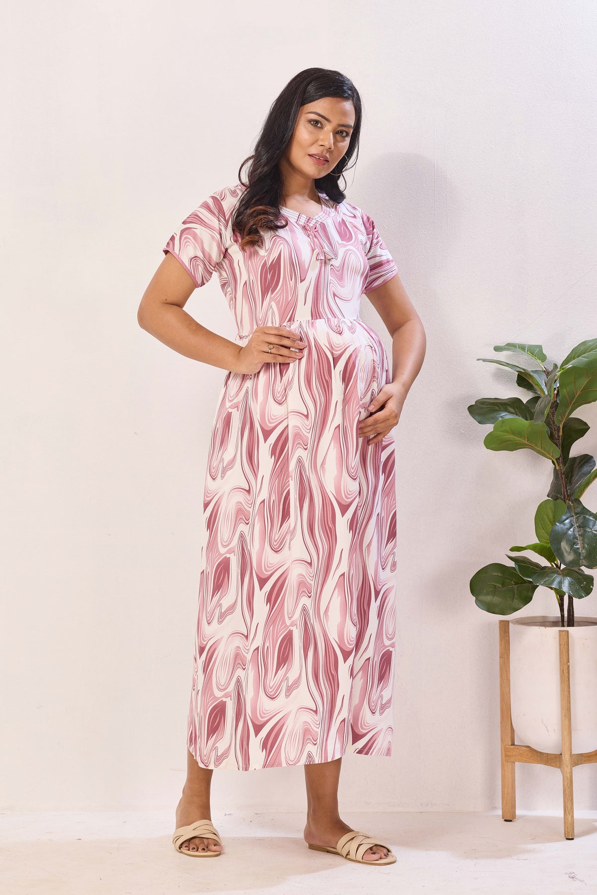 Rose Marble Premium Rayon Maternity Frock with Dual Feeding Zippers - Rayon Nursing Maxi Dress – Pink Abstract Swirl Pregnancy Wear with Adjustable Back Tie (RMF)
