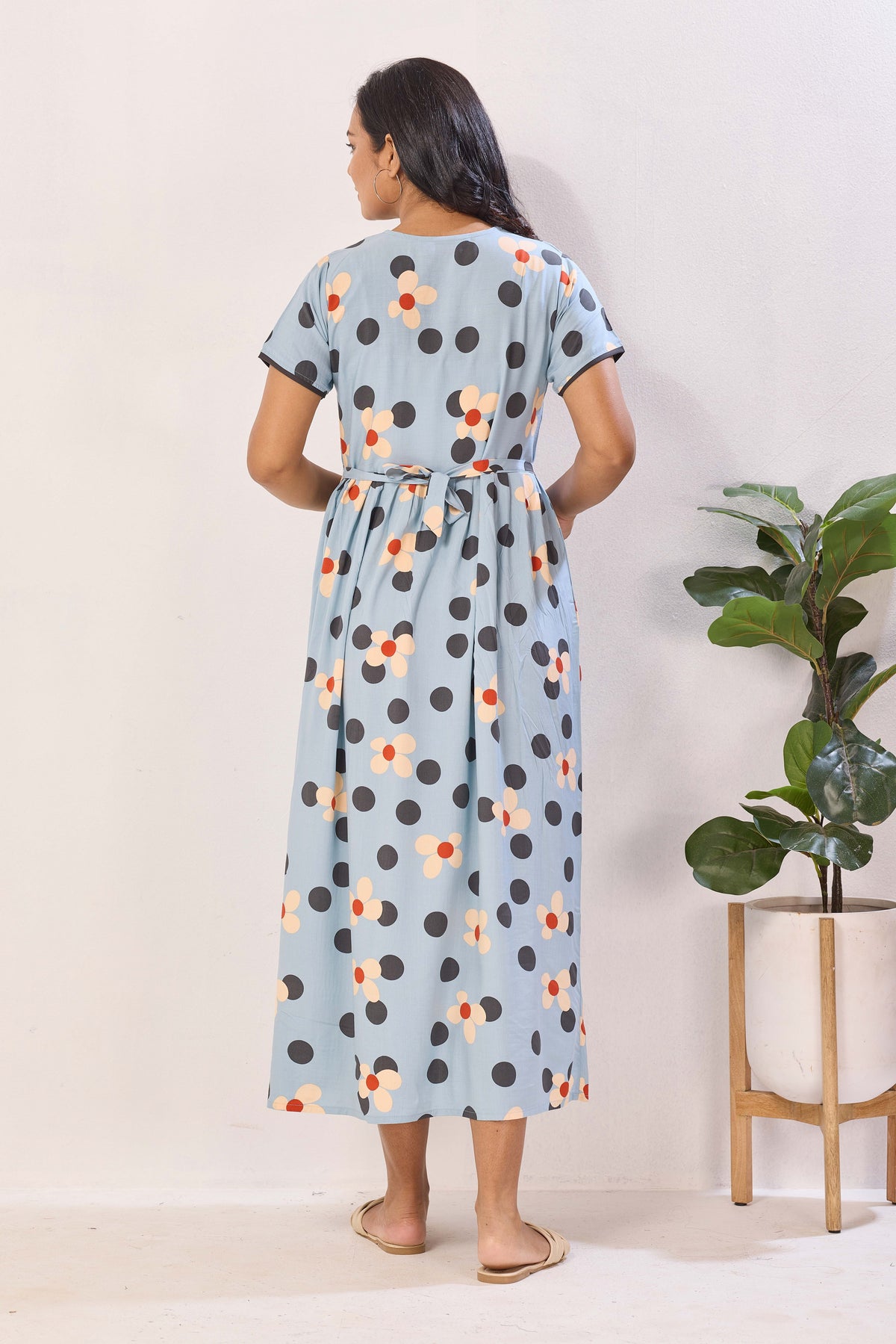 Blush Pink Polka & Daisy Premium Rayon Maternity Frock with Dual Feeding Zippers - Pink Floral Polka Dot Pregnancy Wear with Pockets (RMF)