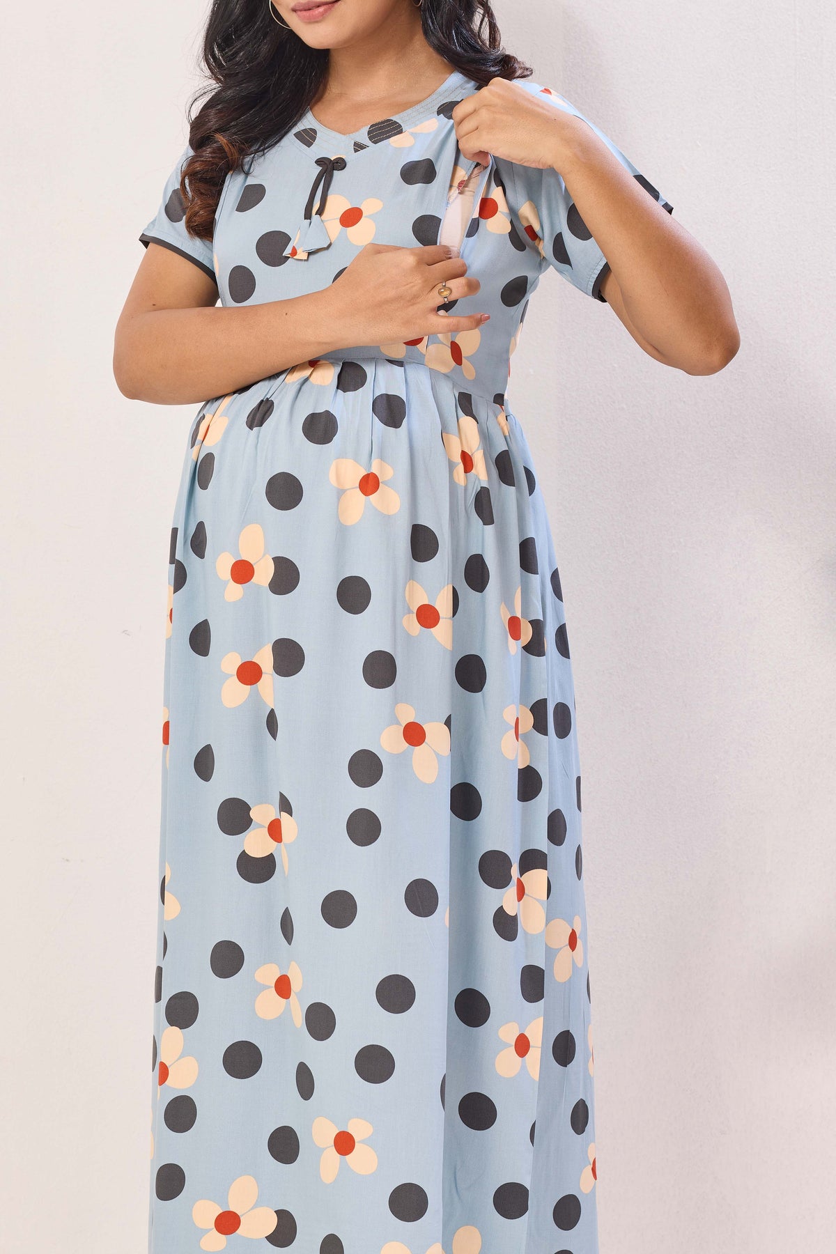 Blush Pink Polka & Daisy Premium Rayon Maternity Frock with Dual Feeding Zippers - Pink Floral Polka Dot Pregnancy Wear with Pockets (RMF)
