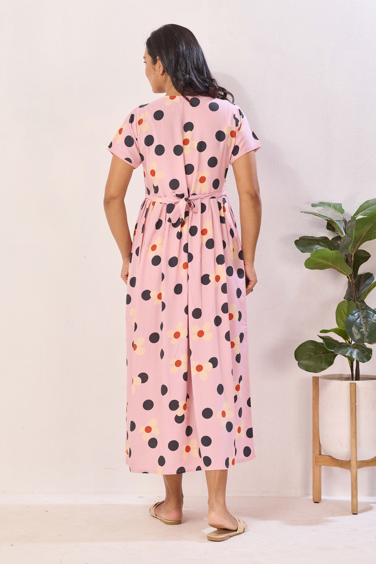 Blush Pink Polka & Daisy Premium Rayon Maternity Frock with Dual Feeding Zippers - Pink Floral Polka Dot Pregnancy Wear with Pockets (RMF)