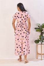Blush Pink Polka & Daisy Premium Rayon Maternity Frock with Dual Feeding Zippers - Pink Floral Polka Dot Pregnancy Wear with Pockets (RMF)