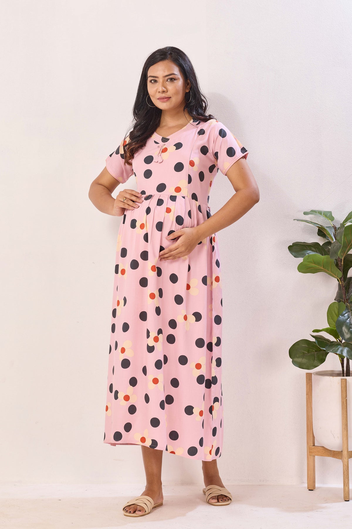 Blush Pink Polka & Daisy Premium Rayon Maternity Frock with Dual Feeding Zippers - Pink Floral Polka Dot Pregnancy Wear with Pockets (RMF)