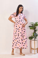 Blush Pink Polka & Daisy Premium Rayon Maternity Frock with Dual Feeding Zippers - Pink Floral Polka Dot Pregnancy Wear with Pockets (RMF)