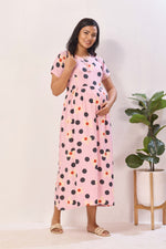 Blush Pink Polka & Daisy Premium Rayon Maternity Frock with Dual Feeding Zippers - Pink Floral Polka Dot Pregnancy Wear with Pockets (RMF)