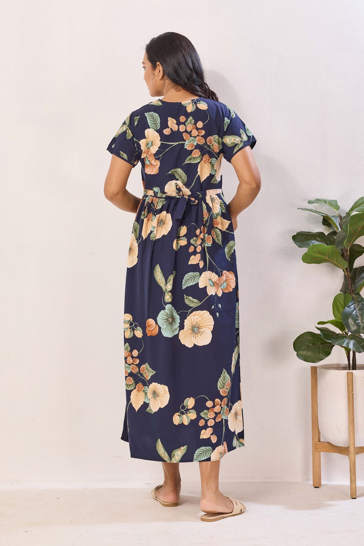 Olive Green Rayon Nursing Maxi Dress – Vintage Floral Pregnancy Wear with Adjustable Back Tie - Maternity Frock with Dual Feeding Zippers (RMF)