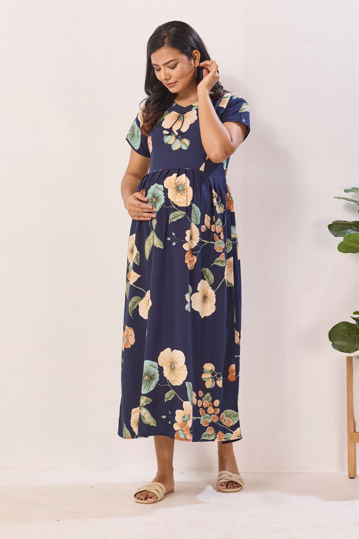 Olive Green Rayon Nursing Maxi Dress – Vintage Floral Pregnancy Wear with Adjustable Back Tie - Maternity Frock with Dual Feeding Zippers (RMF)