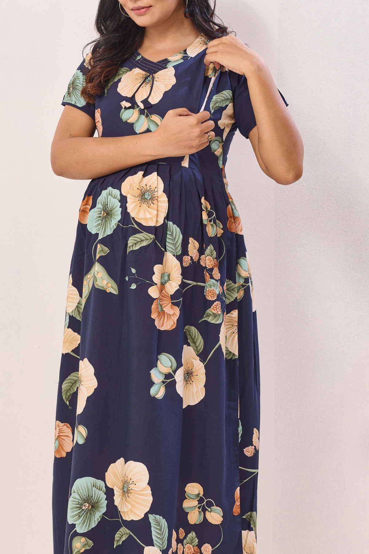 Olive Green Rayon Nursing Maxi Dress – Vintage Floral Pregnancy Wear with Adjustable Back Tie - Maternity Frock with Dual Feeding Zippers (RMF)